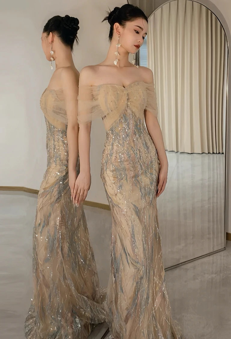Champagne Shiny Mermaid Cocktail Dresses Luxury Strapless Off the Shoulder Floor Length High-end Party Host Evening Gowns New