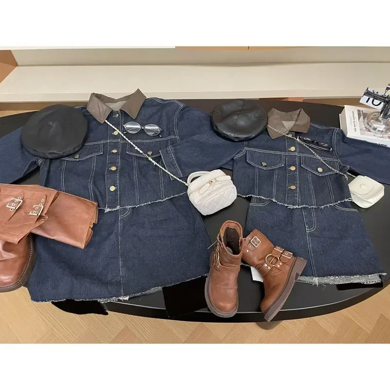 2024 Fashion Korean Mummy and Me Jacket Skirts Mom and Baby Girls Matching Denim Clothes Sets Mother Daughter Two Piece Outfits