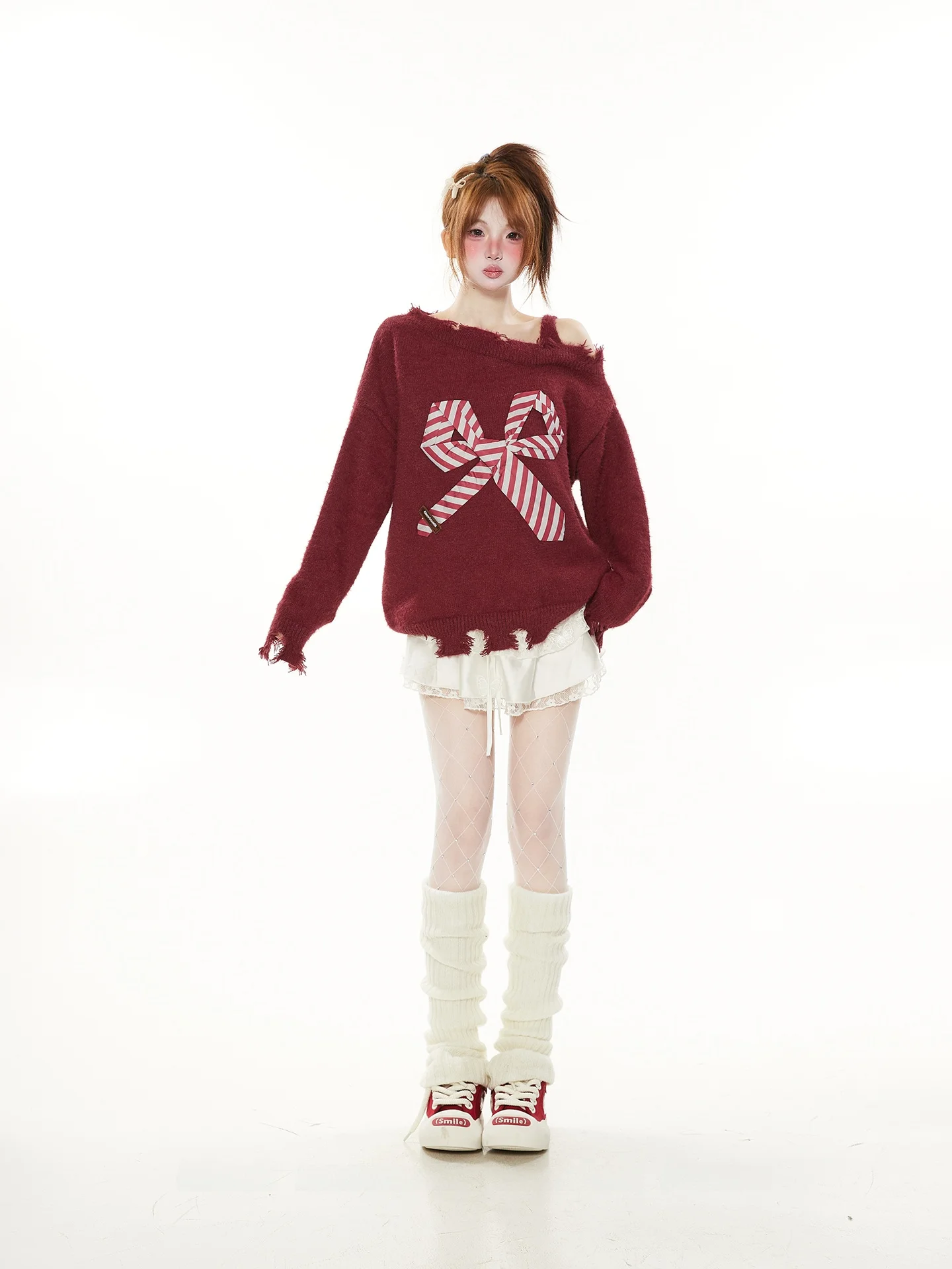 

Festive Red Asymmetrical oulder Knitted Sweater with Knot for Women Unique Sli Autumn Winter Faion