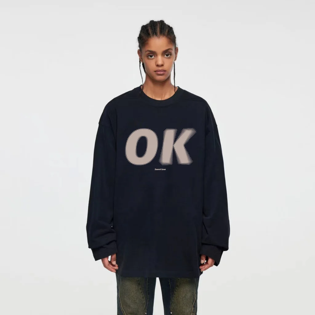 

Blurred OK Pattern Women Hoodies 2024 New Fashion Simple Style Clothes Autumn American Retro Crew Neck Sweatshirts