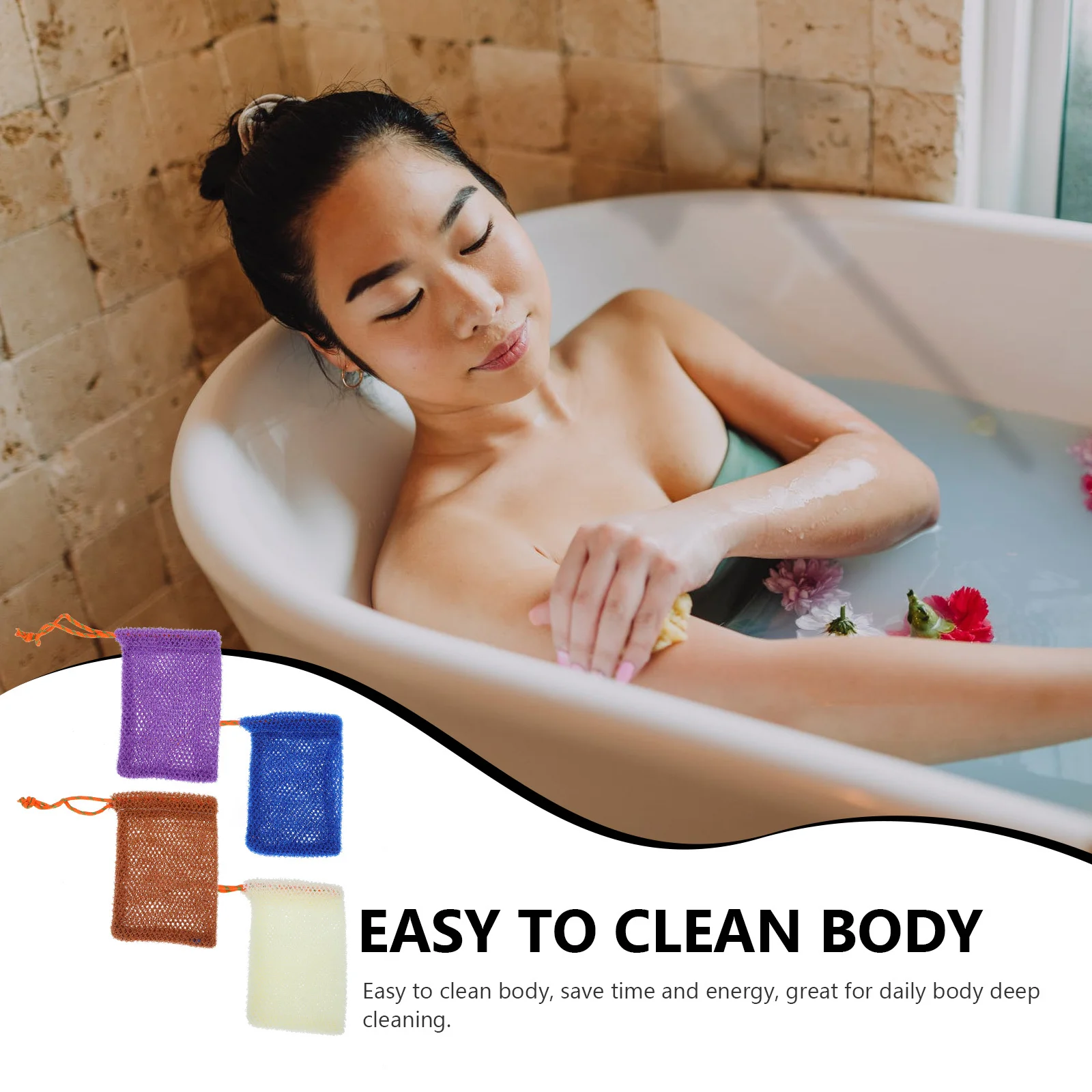 

4pcs Soap Foaming Exfoliating Towel Drawstring Design Durable Bubble Pouch For Home Dormitory Use Shower Scrubber Body