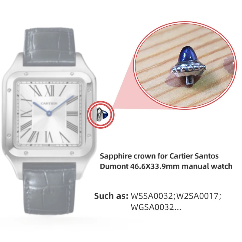 Sapphire Bullet Head Timing Watch Crown Handle for Cartier Santos Dumont 46.6X33.9mm Manual Mechanical Watch