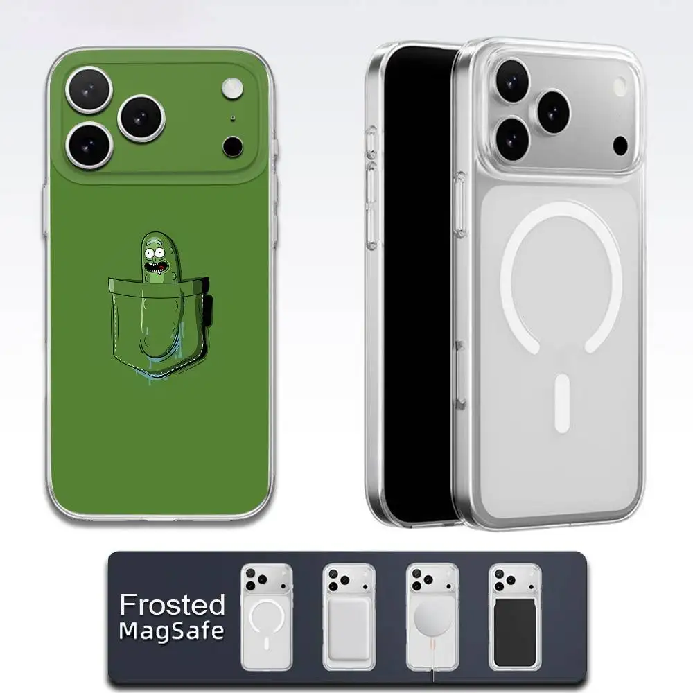 Custodia per telefono R-RickS Cucumber P-Pickles per iPhone 17,16,15,14,13,12,11,Pro,Max,Plus,E,Air,Mini Magsafe satinato trasparente