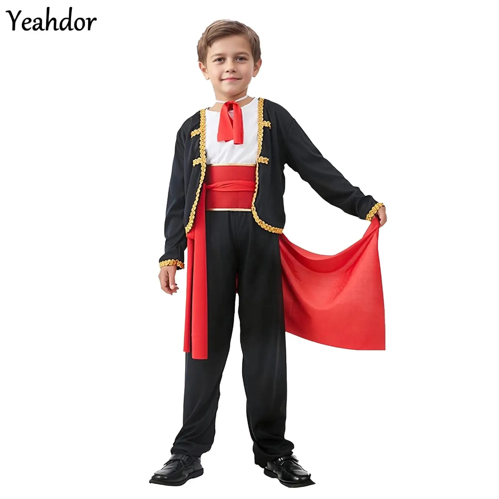 

Carnivals Spanish Matador Cosplay Costume Halloween Bullfighter Outfits with Top Neckwear Waistbelt Pants Boys Flamenco Dress Up