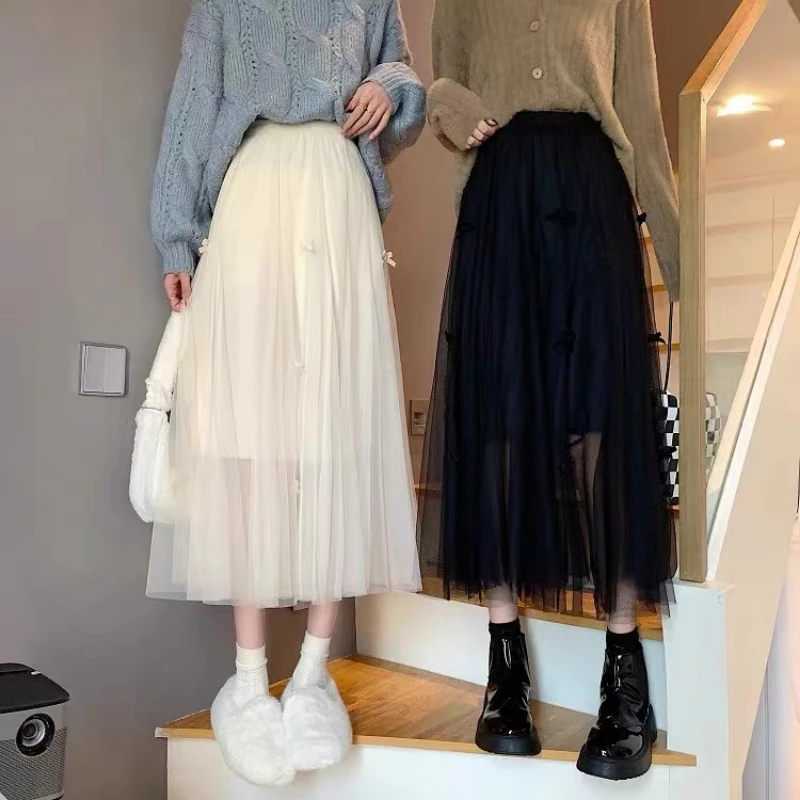 Spring Summer Fashion Bow High Waist Mid-length Loose Waist A- Line Princess Long Dress Mesh Half Skirt Fresh Sweet Style