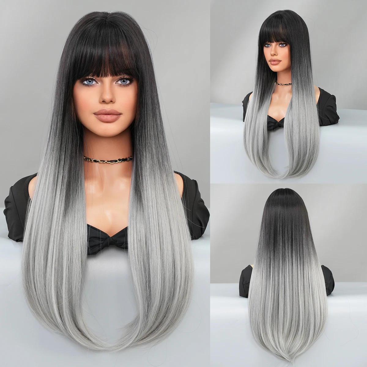 

PARK YUN Long straight Black Gradient Gray Wig With Bangs For Women Daily Cosplay Natural Synthetic Wigs Heat Resistant Fiber