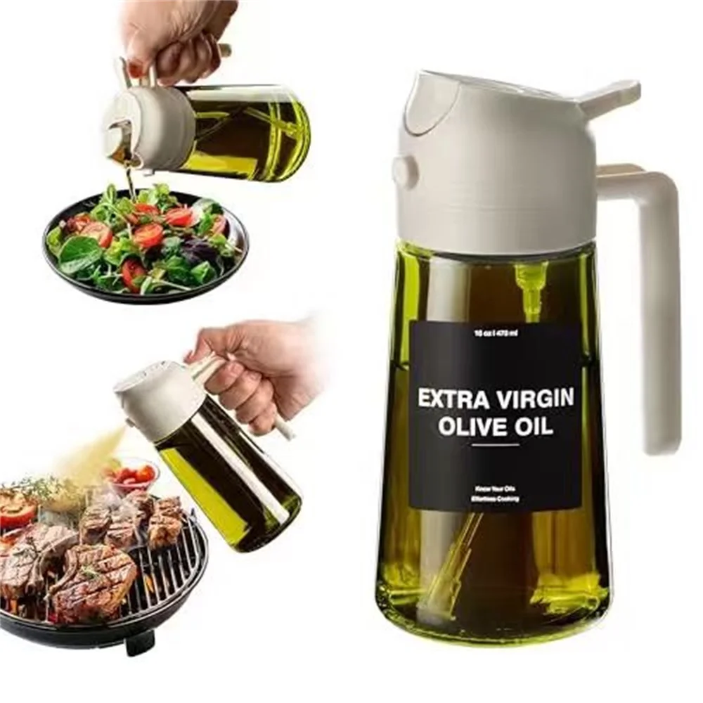 470 ml oliespuit voor koken, 2-in-1 olijfoliedispenser en oliespuitfles, oliespray met stickers, dikke glazen spuitfles