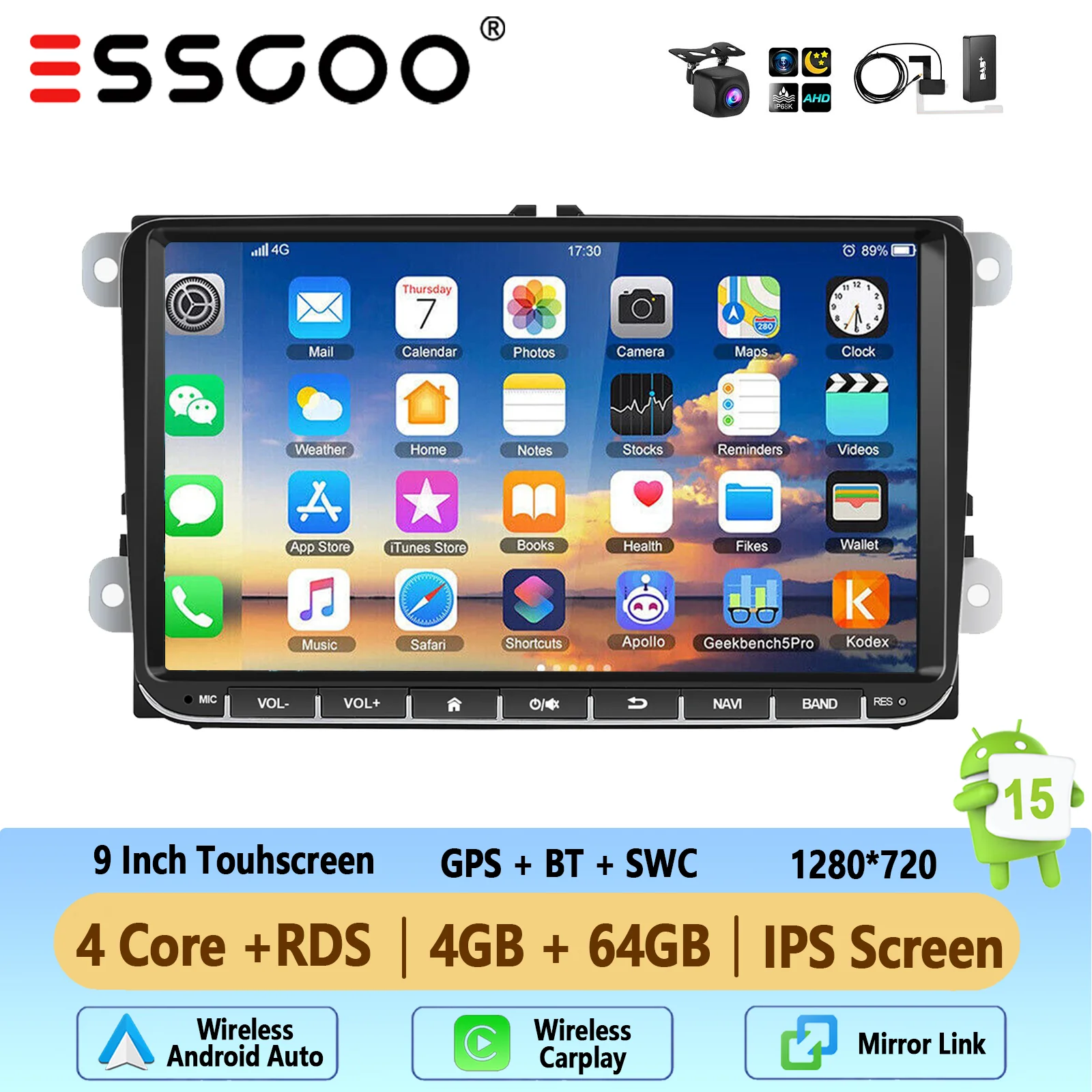 ESSGOO 9 inch Android 15 64GB autoradio voor VW Golf MK5 6 Passat Polo Touran Caddy EOS Jetta Seat Skoda met draadloze Carplay GPS navigatie BT