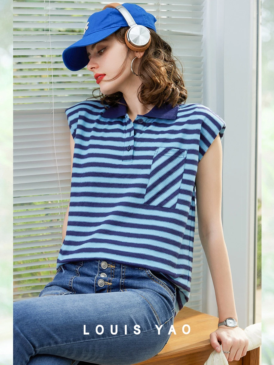 LOUIS YAO Women Striped T-shirt 2024 Summer Casual Tee Turn Down Collar Sleeveless Loose Shoulder Pads Pullover Top