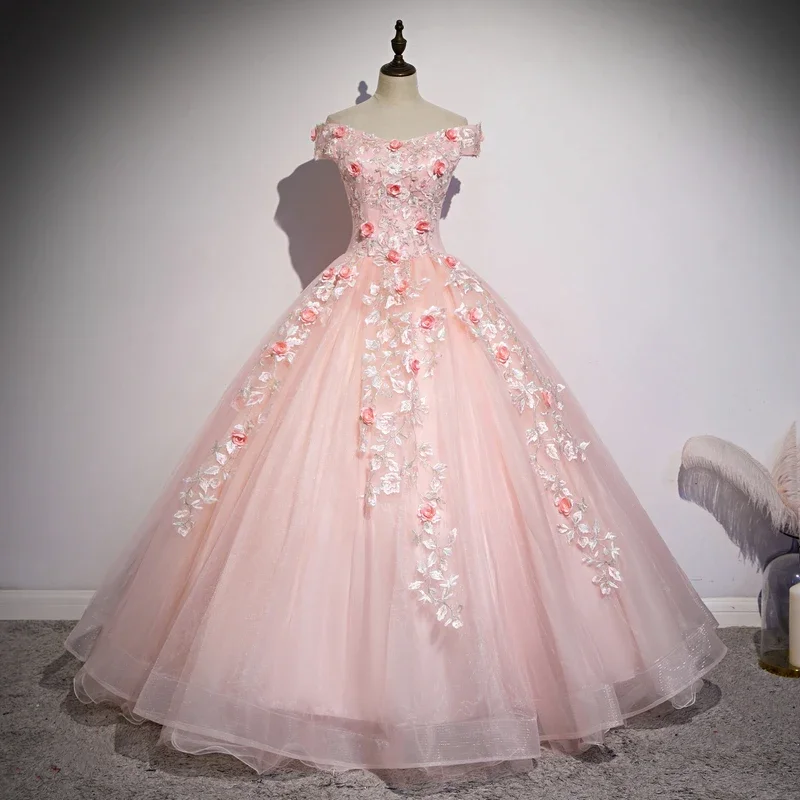 

LZPOVE Pink Off The Shoulder Quinceanera Dresses Lace Flower Party Prom Formal Ball Gown Sweet Floral Print Quinceanera Vestidos