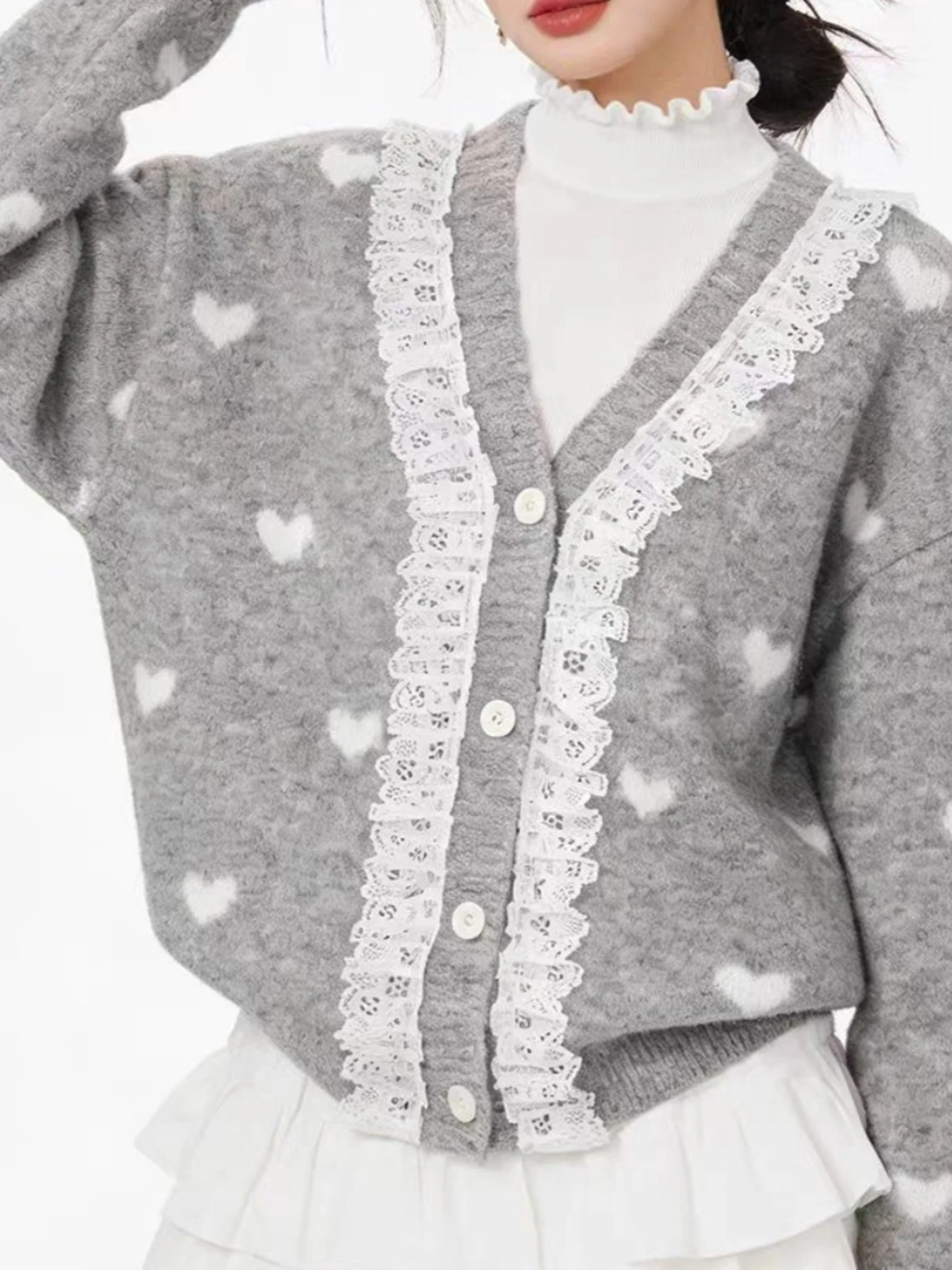 Korean Style Soft Lace Splicing Knitted V-Neck Open Cardigan Heart Pattern Spring Autumn Sweater Jacket Slimming Effect