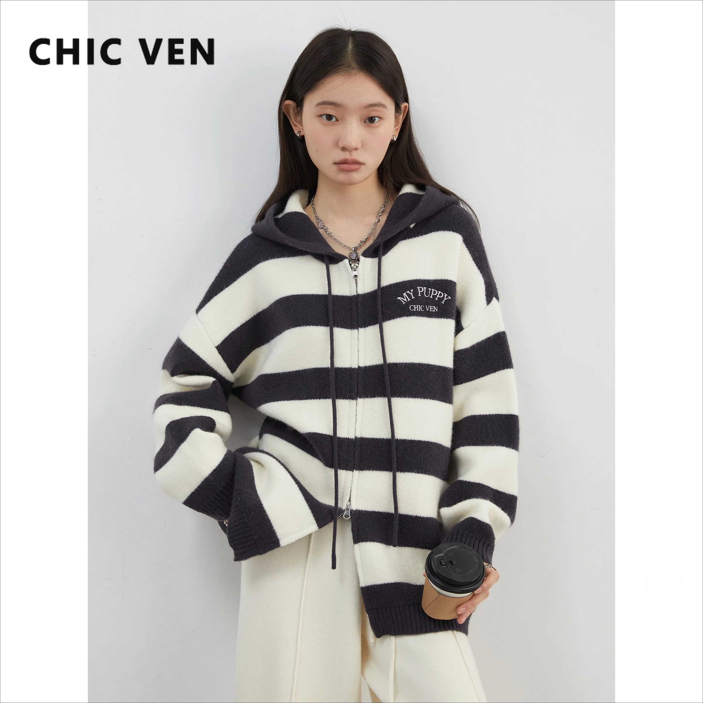 

CHIC VEN Women Cardigan Loose Casual Black/White Striped Knitted Jacket Hooded Zipper Sweater for Woman Autumn Winter 2025