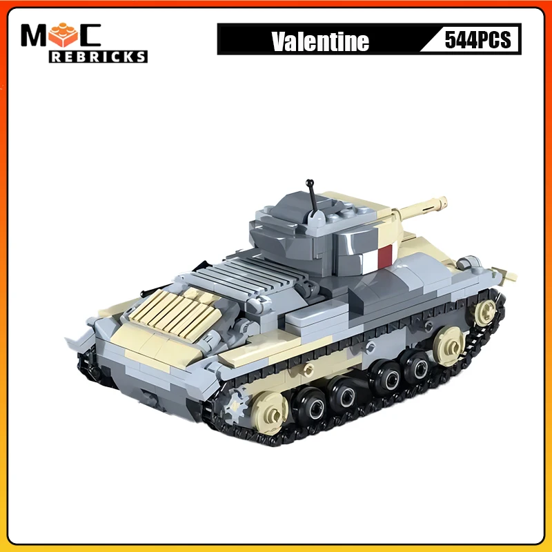 WW2 British Military Weapon Valentine Infantry Tank Tracks Armored Vehicle MOC Building Blocks Assembly Model Kids Bricks Toys