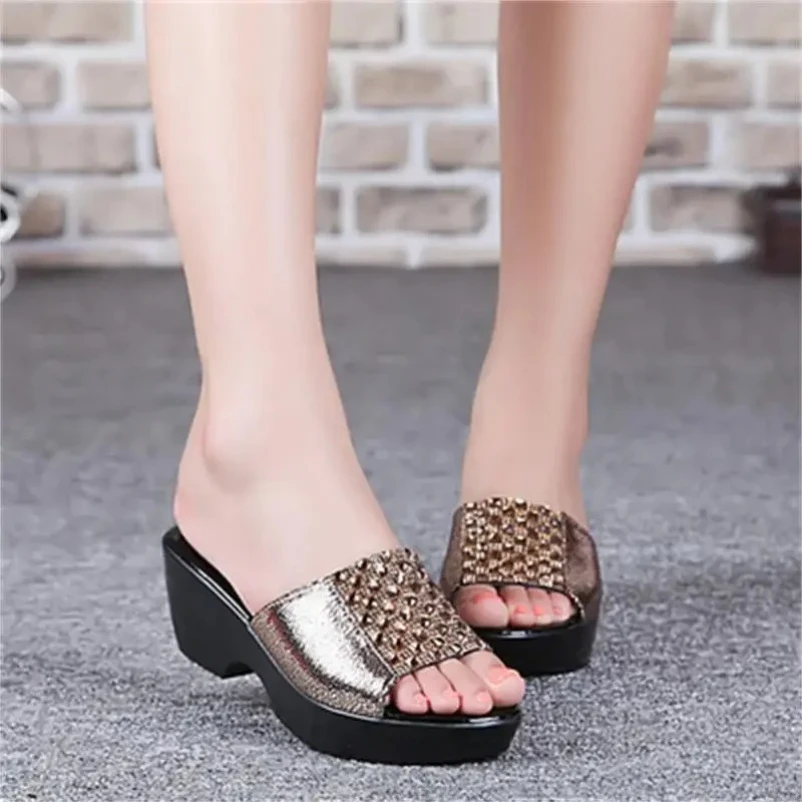 

2025 Rhinestone Wedges Slippers Summer Female Sandals Sequins Genuine Leather Cowhide Women's Shoes women sandals