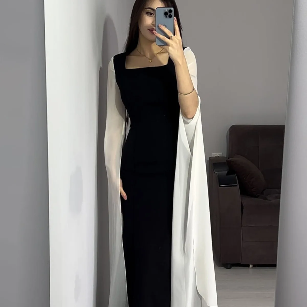 Spring Women Abayas Black and White Patchwork Batwing Sleeve Long Dresses Muslim Casual Square Collar Women Banquet Party Dress