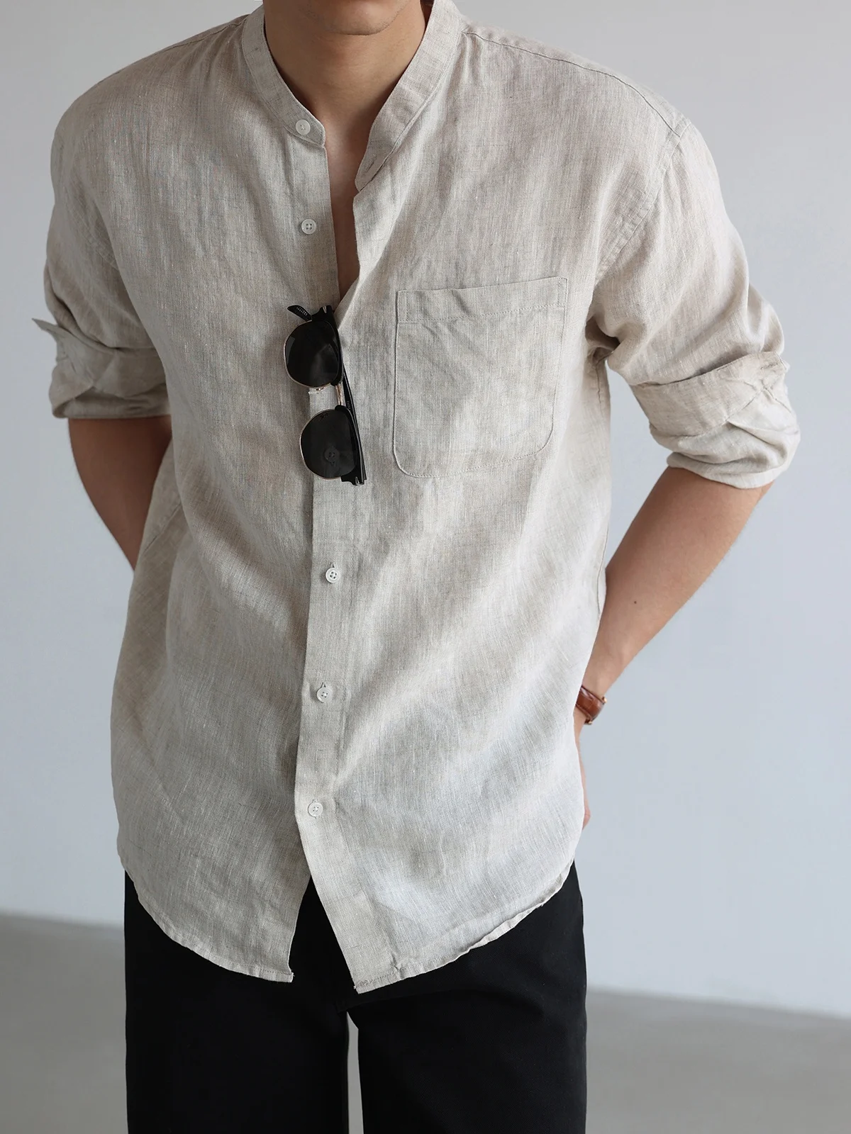 Linen Men's Shirt Casual Business Breathable Sun Protection Standard Fit Short Sleeve Button up Pure Color
