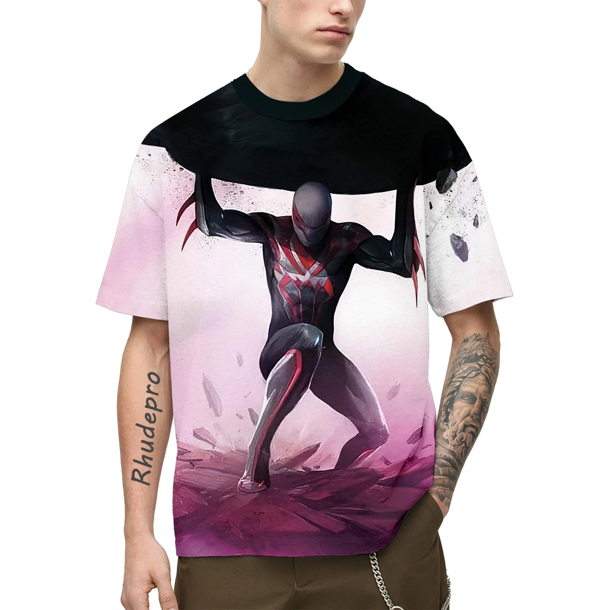 Miniso-homens e mulheres 3d impressão camiseta, oversized, casual, moda, homem aranha, homem de ferro, anime, para menino e menina