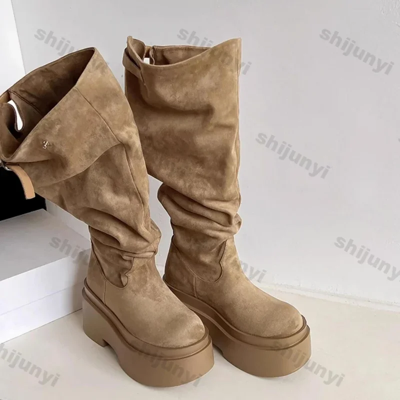 Botas hasta la rodilla de tacón grueso a la moda para Mujer, Botas occidentales aterciopeladas de color caqui, Botas cortas de cuero suave para primavera y otoño para Mujer