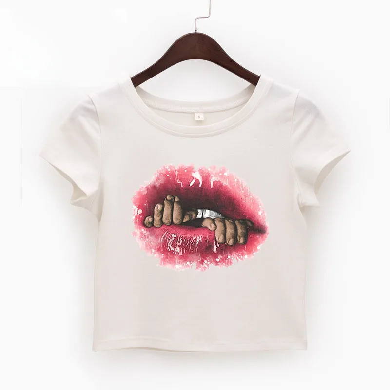 Summer Y2K Creative Mouth Pattern Printing T-shirt Harajuku Aesthetic Slim Short Sleeve Crop Top Punk Vintage Hip Hop Casual Tee