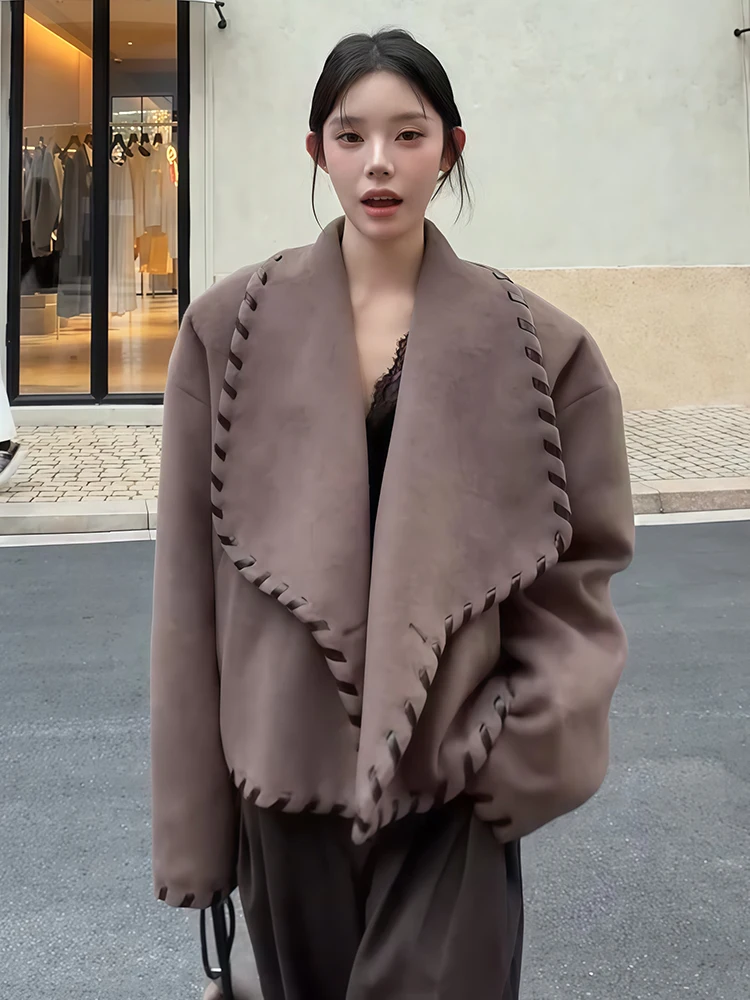 

Elegant Short Handmade Stitched Loose Fit Large Collar Women's Outerwear Autumn Winter Slimming Fashion Versatile Top