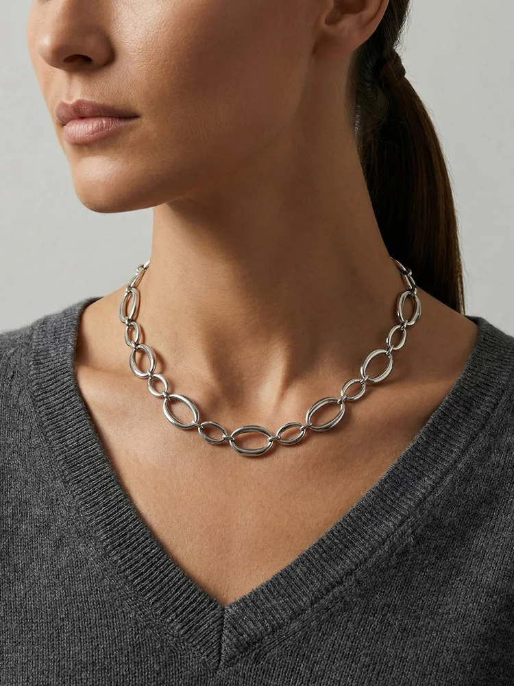 

Minimalist Chain Necklace for Women, Chunky Oval Link Trendy Stainless Steel Waterproof Geometric Jewelry