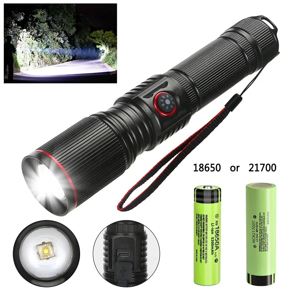 Aluminum Alloy White Laser Powerful LEP Flashlight 18650 or 21700 Battery Zoom Torch Light Lamp with Tail Rope Power Indicator