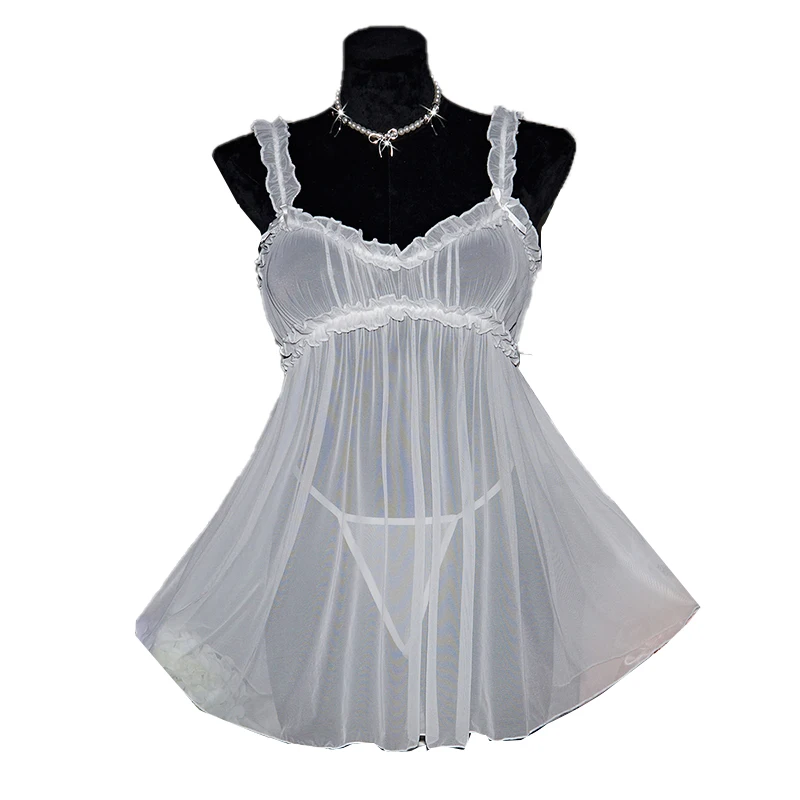 Summer Porn Sling Transparent White Mesh Sexy Women's Underwear Nightgown Set Sex Babydolls Dress Pijamas Deep V Erotic Clothing