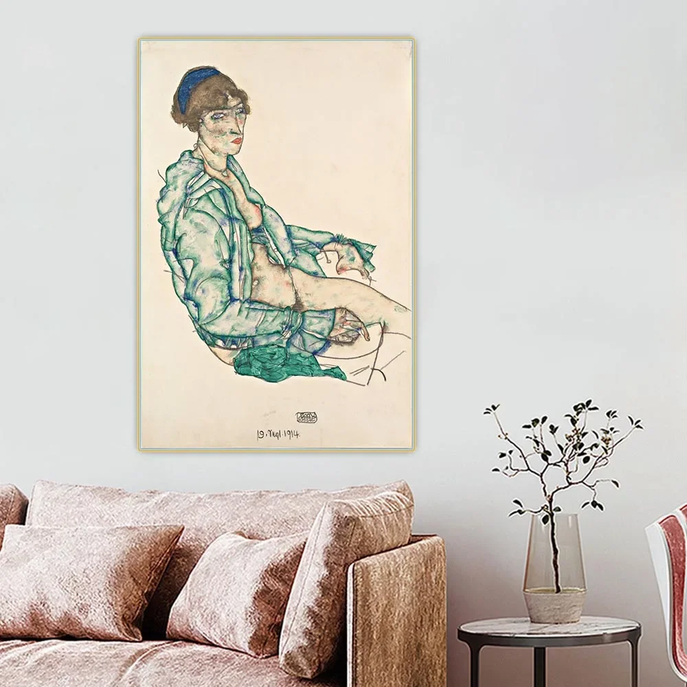 Sitting Semi Nude with Blue Hairband by Egon Schiele Canvas Oil Painting Aesthetics Picture Wall Hanging Decor Home Decoration