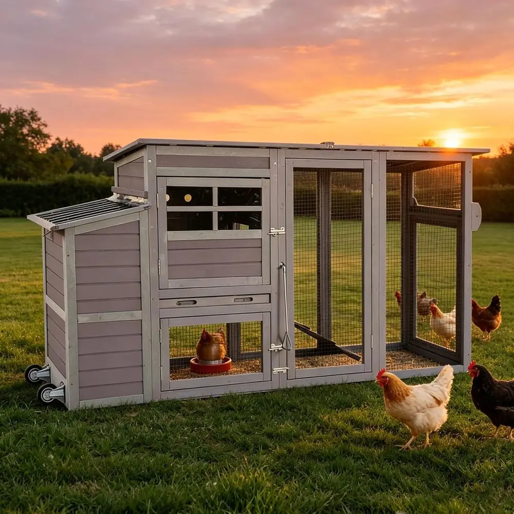 

75" Large Chicken Coop with Run, Mobile Wooden Poultry Cage on Wheels, Sectionable Nesting Box, Weatherproo Roo, Easy Cleaning T
