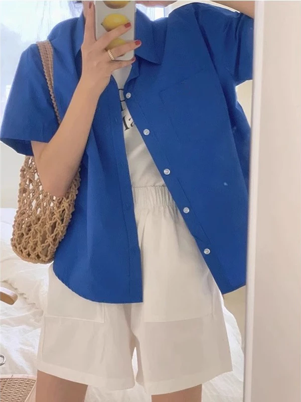 

Summer New Klein Blue Short Sleeve Women's Casual Shirt Retro Design Hong Kong Style Loose Fit White Enhancing Neck