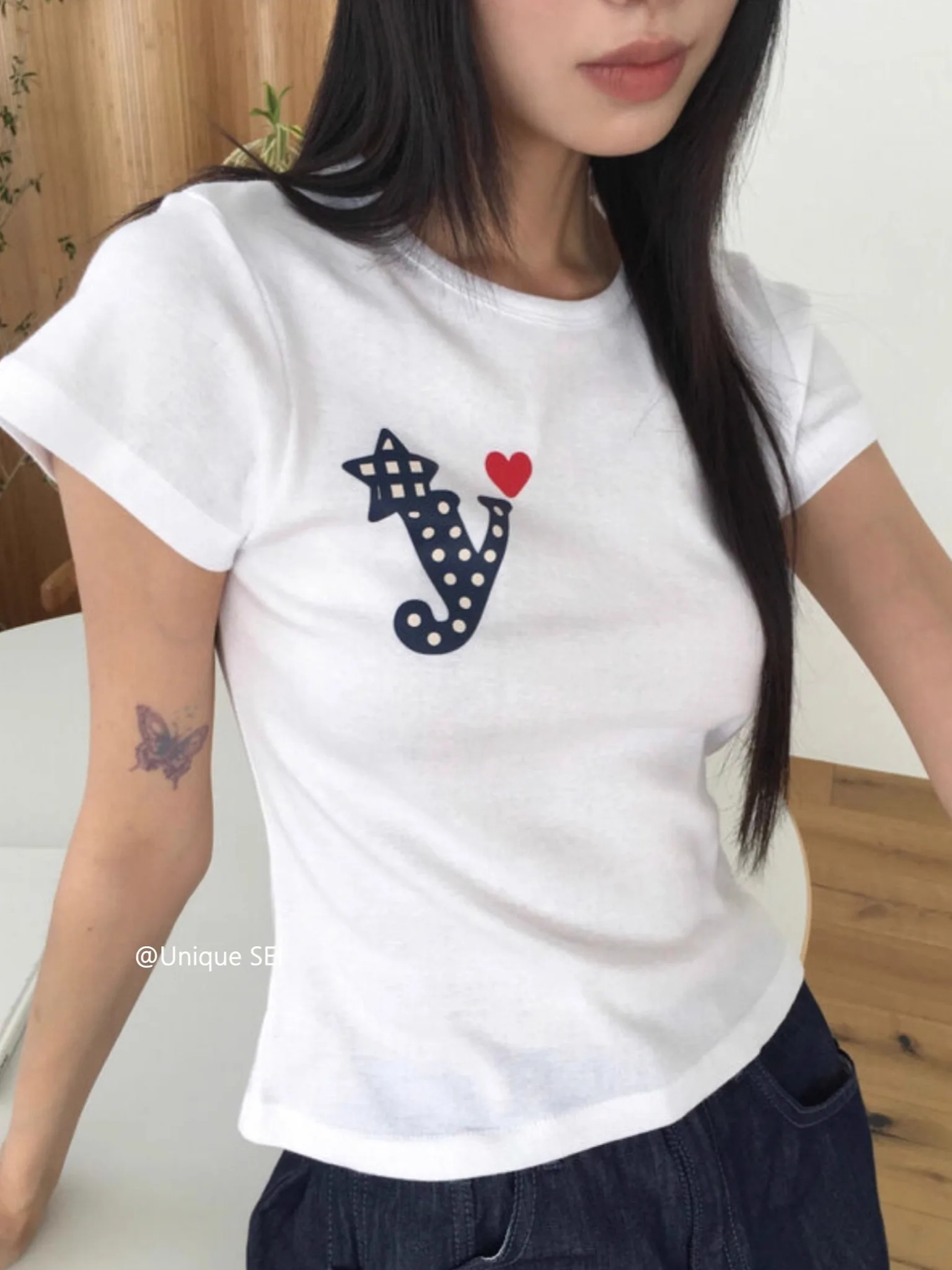 T-shirt estiva coreana con lettera Y a pois Star Love Print Slim Fit spalla dritta a maniche corte T-shirt stilista Y2k Top