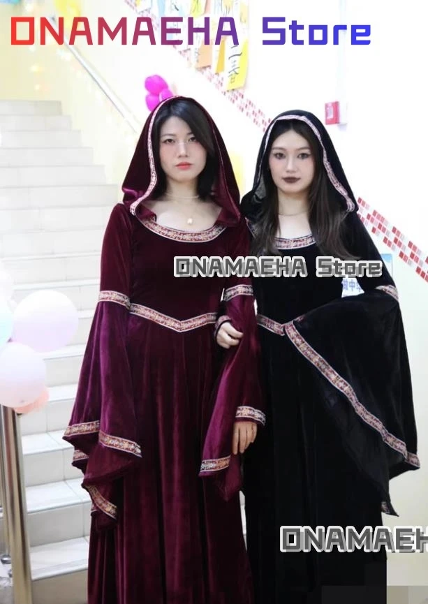 

Halloween Gothic Hoodie Witch Cosplay Costume Medieval Retro Women's Dresses Long Skirt Halloween Vampire Adult Role-play Suits
