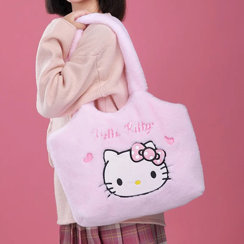 Sanrio Cinnamoroll Plush กระเป๋าสะพาย Kuromi กระเป๋าถืออะนิเมะฤดูใบไม้ร่วงและฤดูหนาวขนาดใหญ่ความจุ Soft Kawaii Shoppingbag สาวของขวัญ