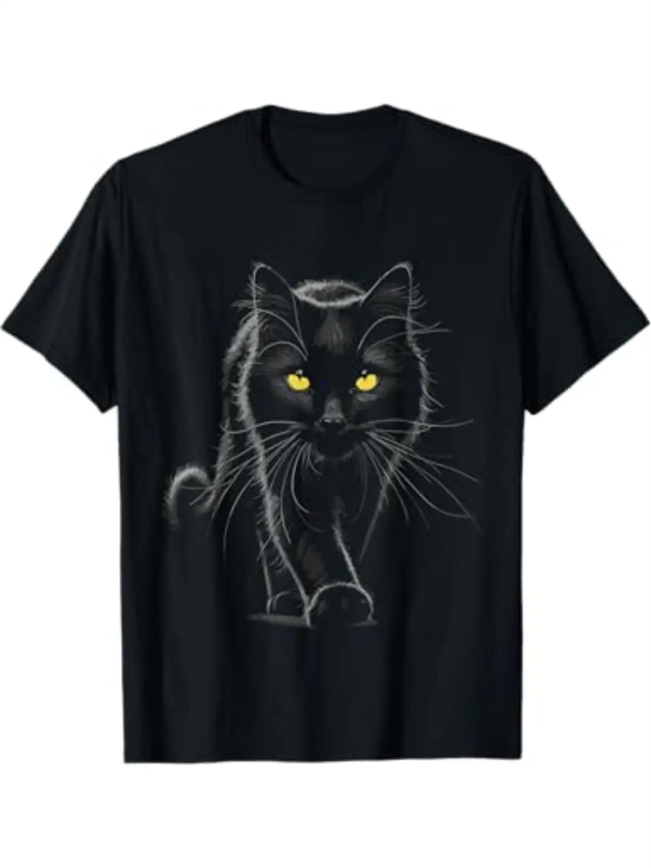 Men's Black Cat Yellow Eye T-shirt - Short-sleeved casual crew neck shirt, regular fit suitable for all seasons, machine washable, simple top suitable for everyday and special occasions, a must-have basic item in a man's fashionable wardrobe