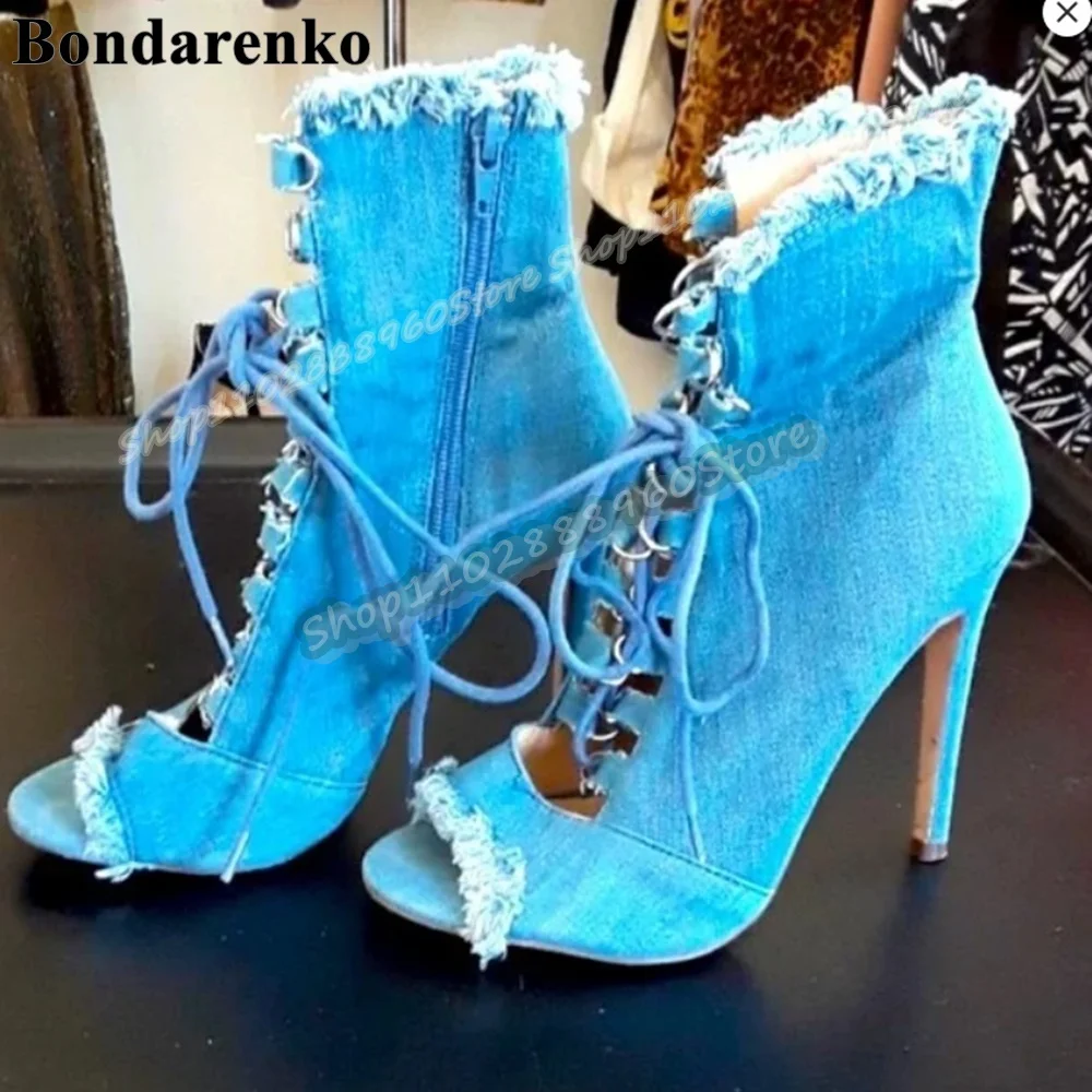 

Casual Light Blue Denim Cross Tied Sandals Stilettos High Heel Shoes For Women Side Zipper Peep Toe Fashion Zapatos Para Mujer