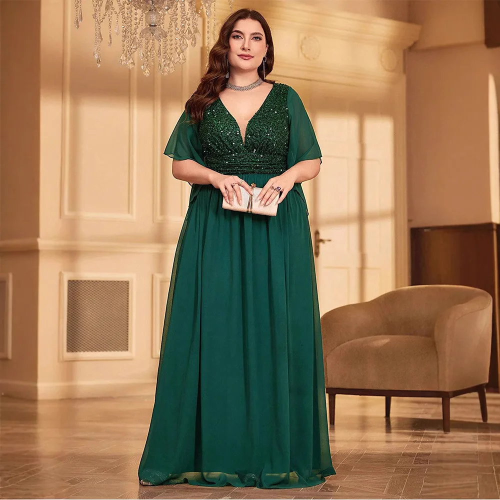 2026 Summer New Fashionable V-neck Sequined Chiffon Slim Fit Long Banquet Dress for Women