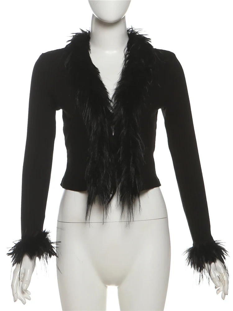 Sisterlinda Furry Knit Patchwork Cardigan Women Sexy Full Sleeve Stretch Skinny Autumn Trend Punk Hottie Wild Street Clubwear