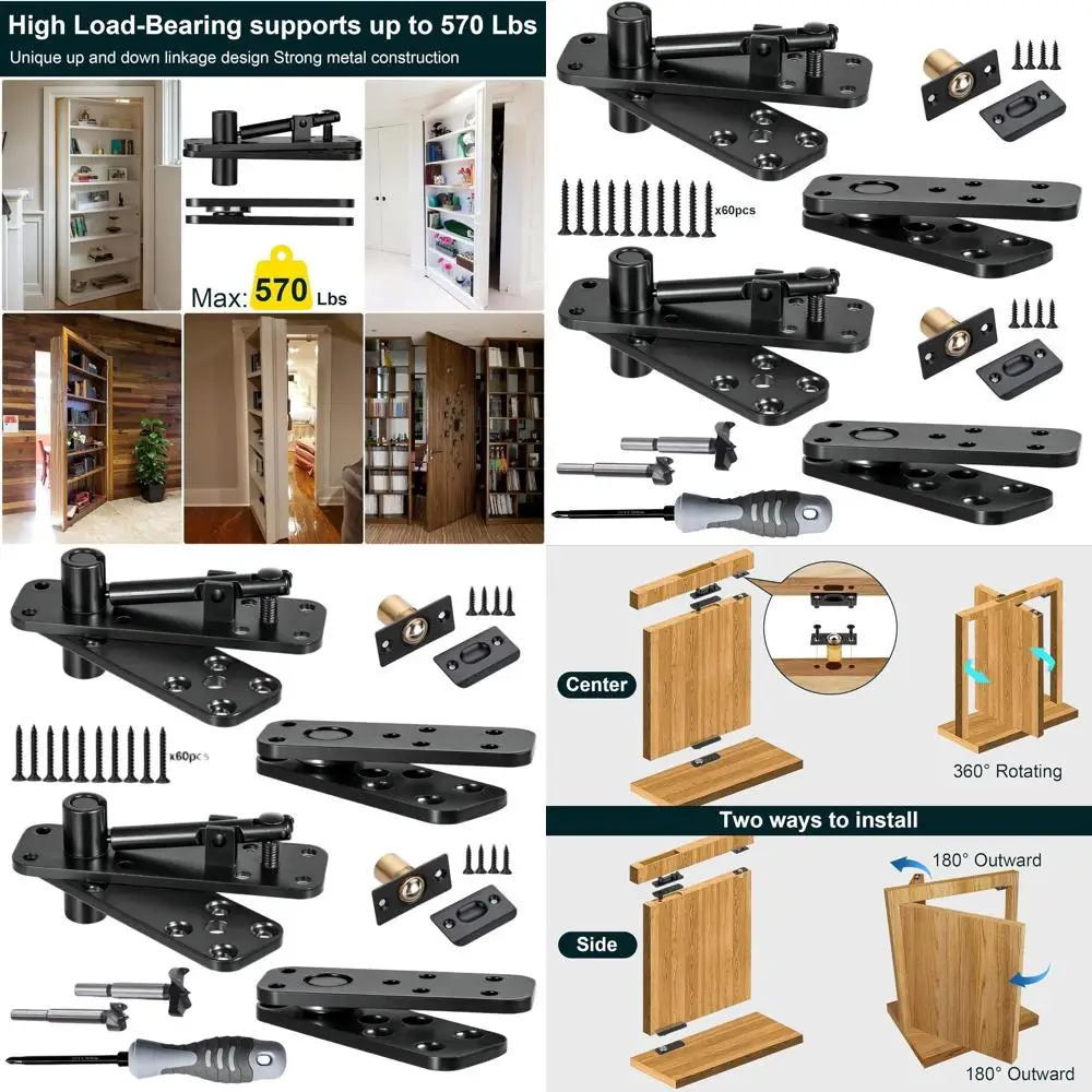 

Heavy-Duty 360° Pivot Hinge for Hidden Doors, 570Lbs Load Capacity, Solid Stainless Steel, Includes Hardware Kit, 2 Sets