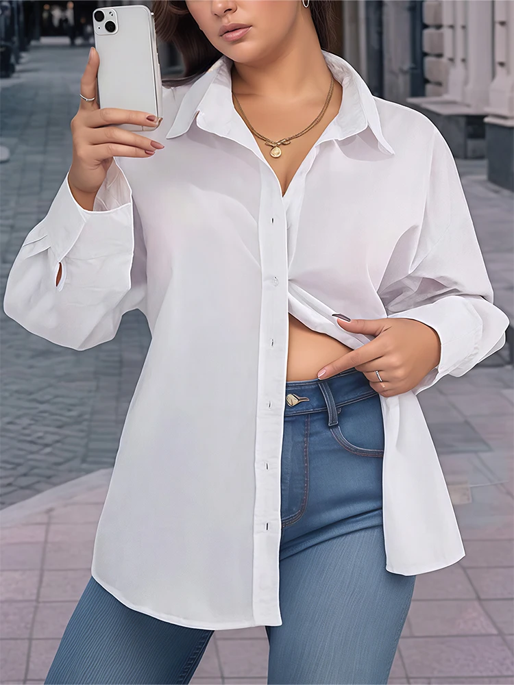 

Женская рубашка больших размеров. Элегантная женская рубашка с открытой спиной и длинными рукавами. Однотонный полиэстер, которую можно стирать в машине.