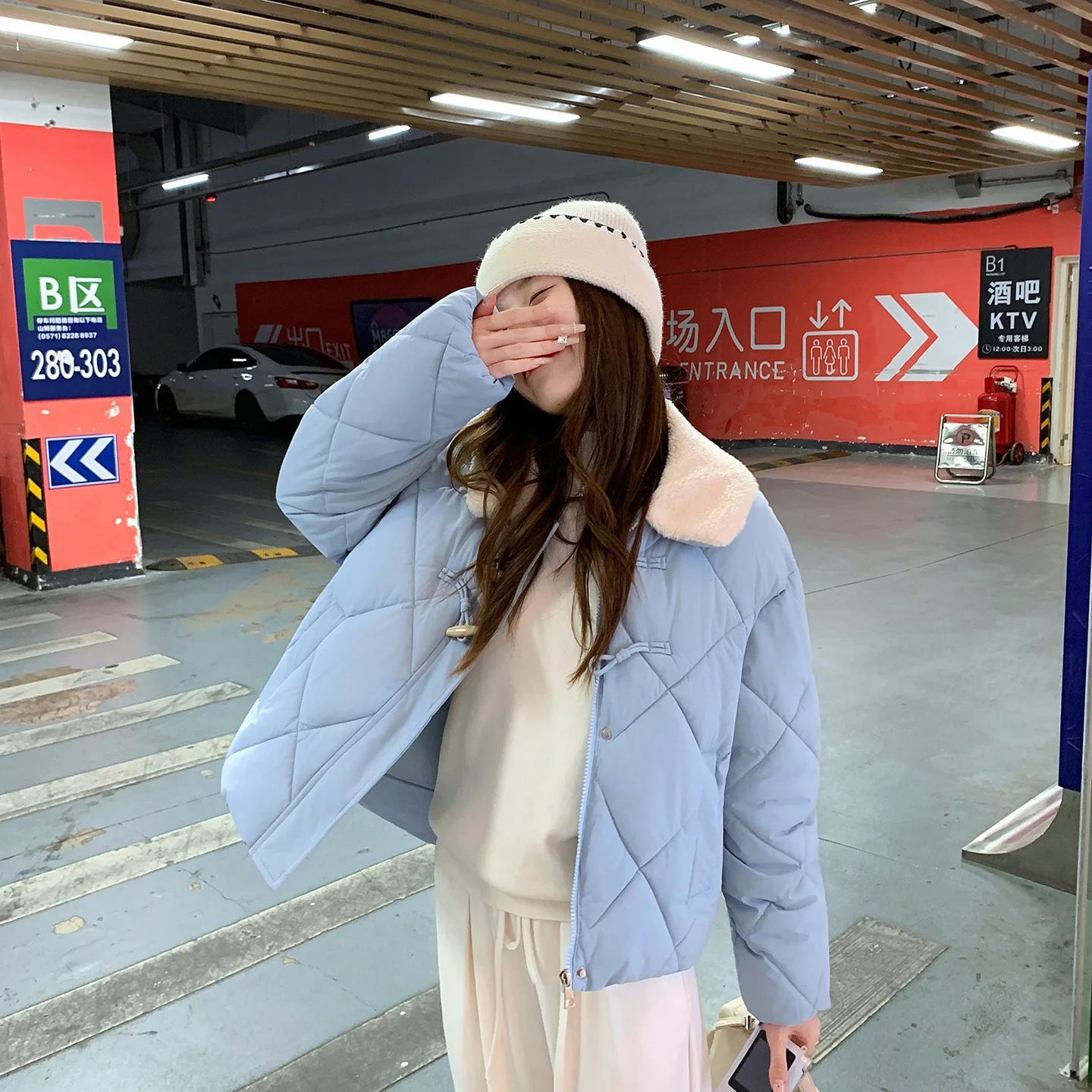 Trendy Cotton Jacket for Women New Winter Horn Button Cotton-padded Coat Korean SplicWool Collar Thickened Coat Warm Outerwear