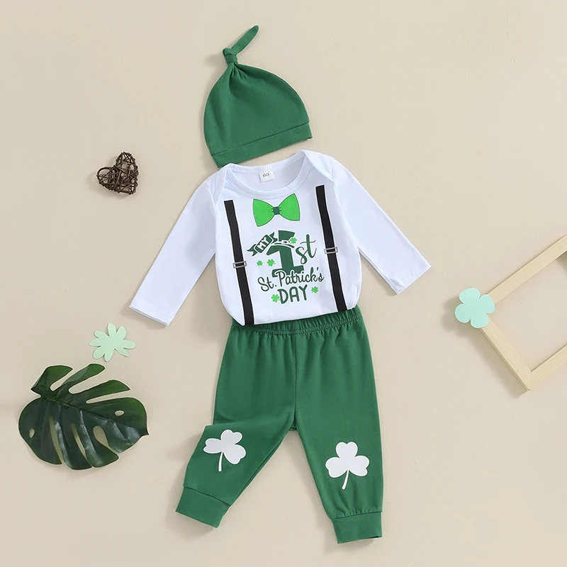 

Stylish Baby Boys Irish Festival Attire Shamrock Print Romper Clover Pants Hat 3-Piece Set for Fall Celebrations