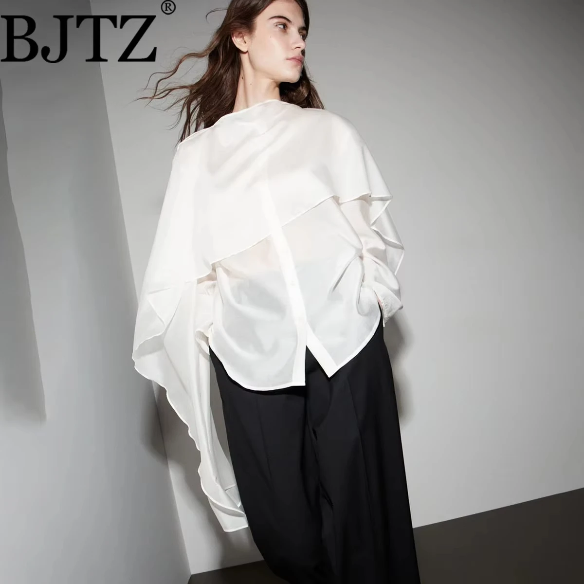 

2026 Spring Autumn Women's Cape Design Blouse Flowy Loose Minimalist Chic Shirt Elegant Commuter Casual Fashion Top For Ladies