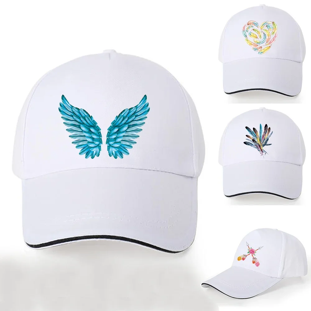 

2023 Summer Baseball Cap White Hip-hop Hat Hipster Must-have Feather Print Visors Sun Hats Men Casual Outdoor Cotton Golf Caps