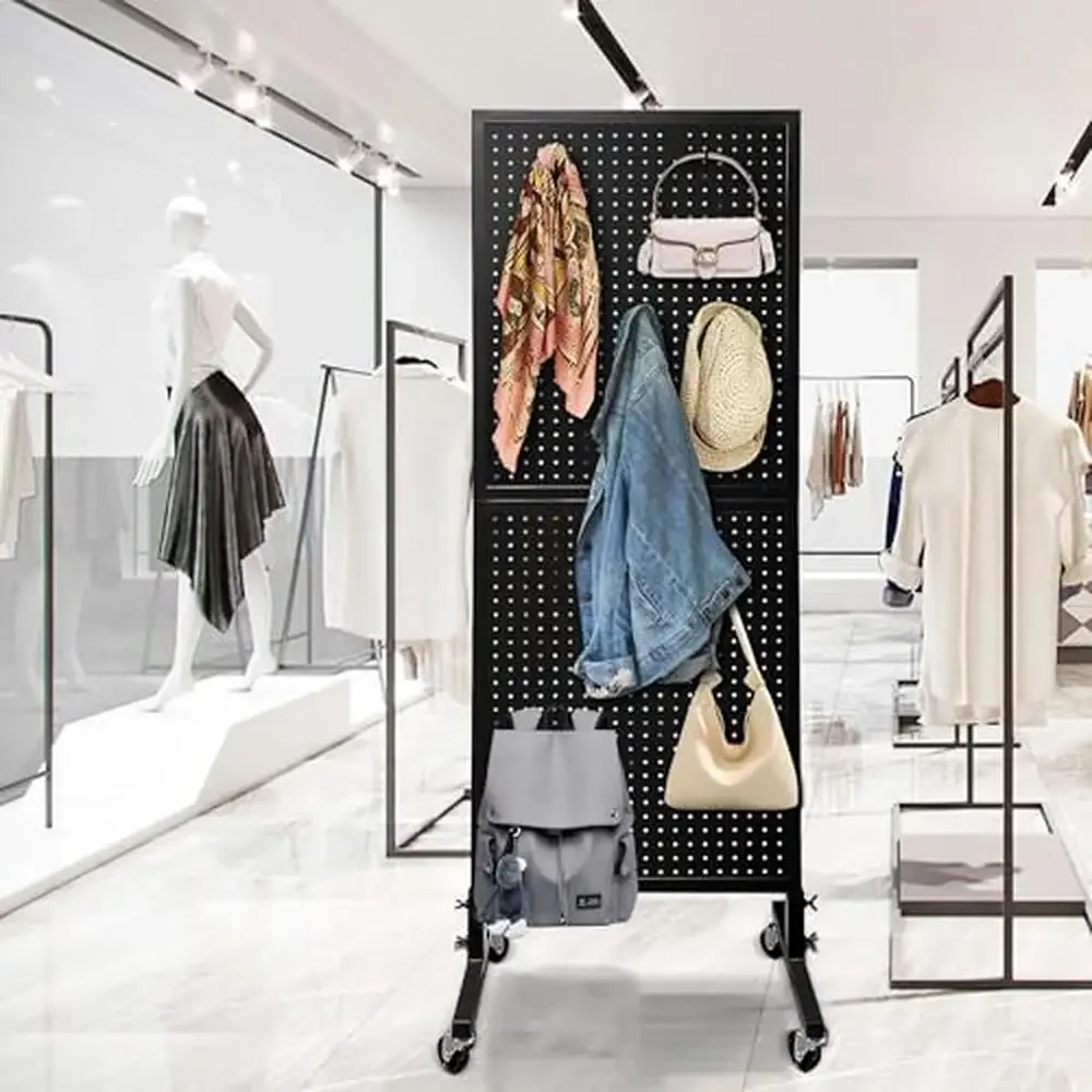 Metal Pegboard Display Stand with Wheels and 30 Hooks Durable Metal Panels Space Efficient Lockable Casters Ideal Garage Retail