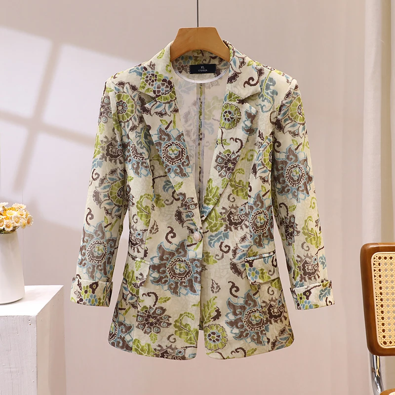 

Весна-лето 2023, женский облегающий легкий костюм на одной пуговице с цветочным принтом, дэт, модный универсальный топ с растительным узором