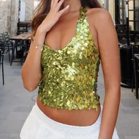 Haut court à paillettes Y2K pour femmes, coupe basse, col licou, cravate, dos nu, débardeur, Sexy, vêtements de fête en boîte de nuit, nouvelle collection été 2