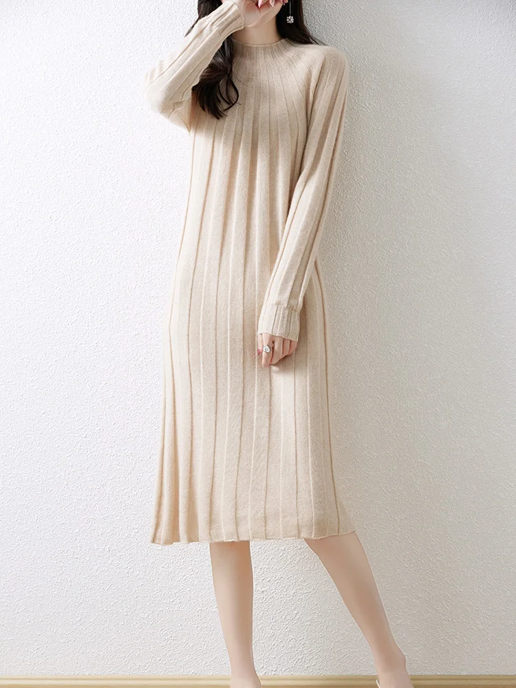 Women\'s Semi-High-Necked Cashmere Dress, Long Bottoming Thick Sweater, Straight Skirt, Loose Slim Knit Skirt, Autumn and Winter