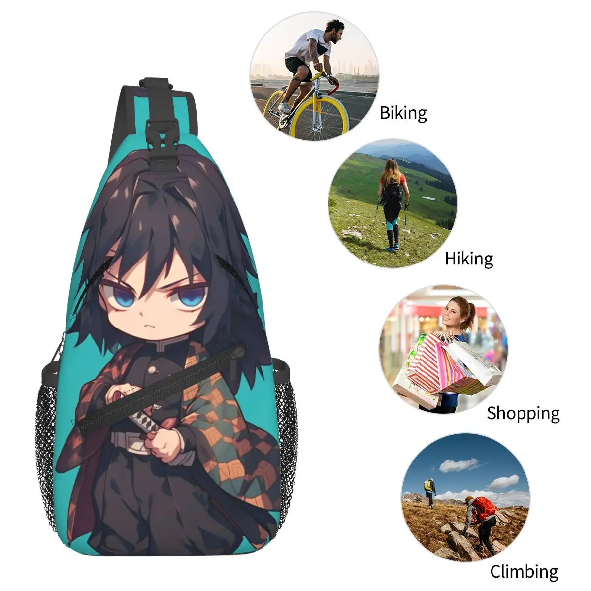 Giyu Tomioka Anime Crossbody Sling Bag, mochila de ombro Demon Slayer, saco de peito legal, mochila para caminhadas, ao ar livre, ciclismo, Bookbag