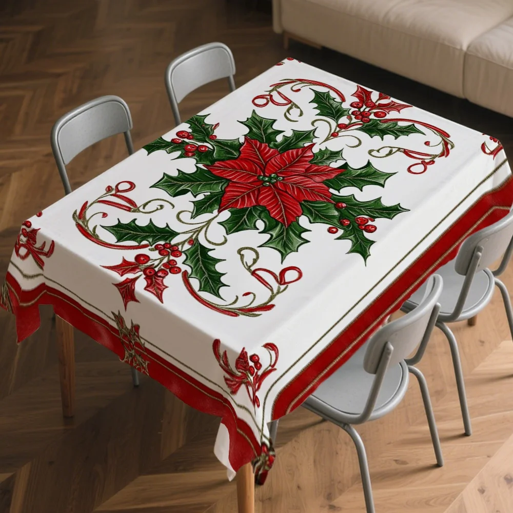 Christmas Poinsettia Holly Berries Waterproof Tablecloth Table Decor Winter Xmas Kitchen Dining Tablecloth Christmas Decorations