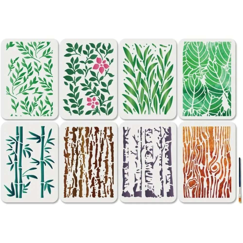 

8Pcs Tree Leaves Stencils - 11.7 x 8.3 Inch Autumn Leaf Vine Stencils with Brush Reusable Forest Tree Bark Texture Template